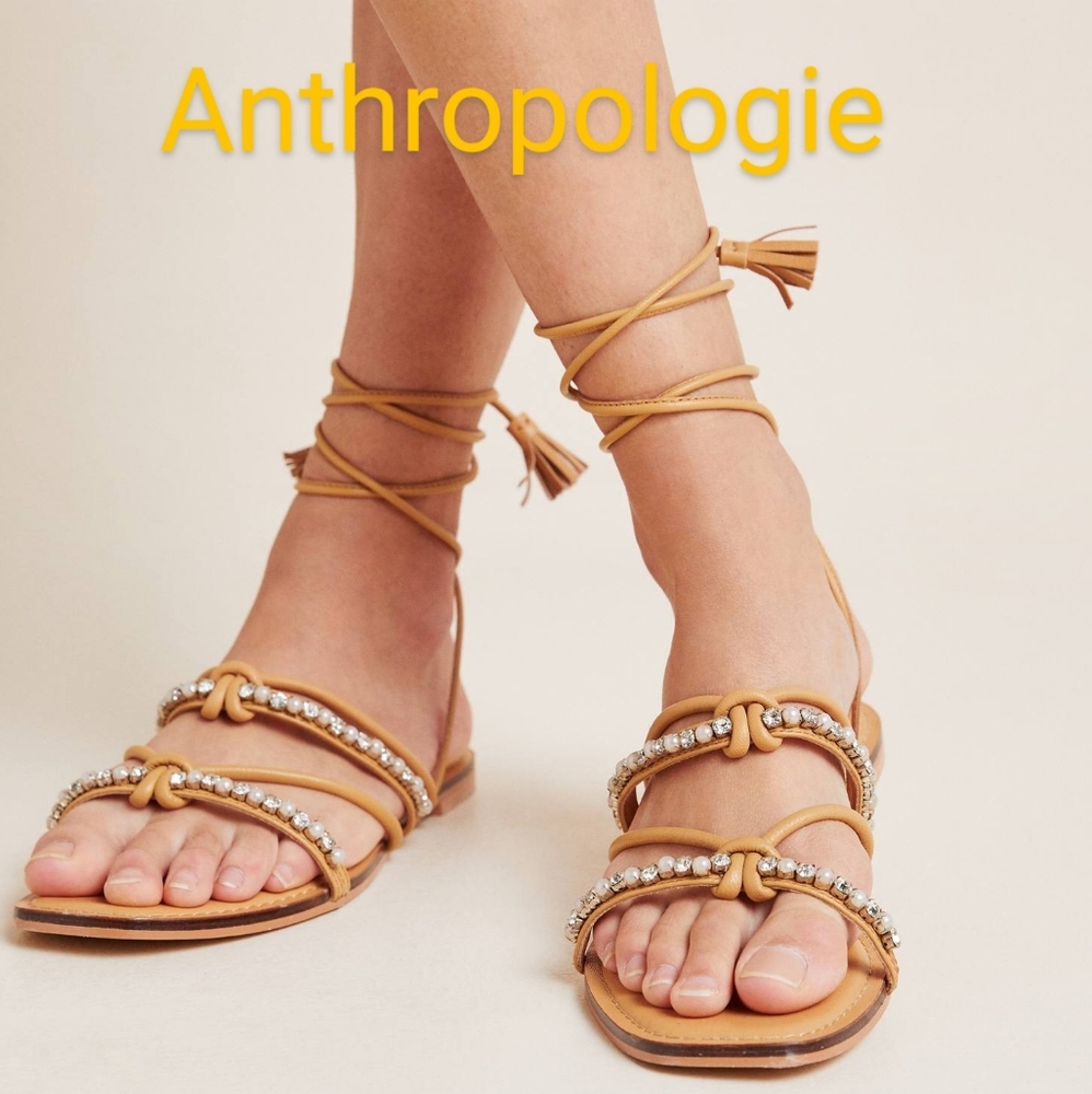 Anthropologie puka strappy ankle tie sandals tan 8